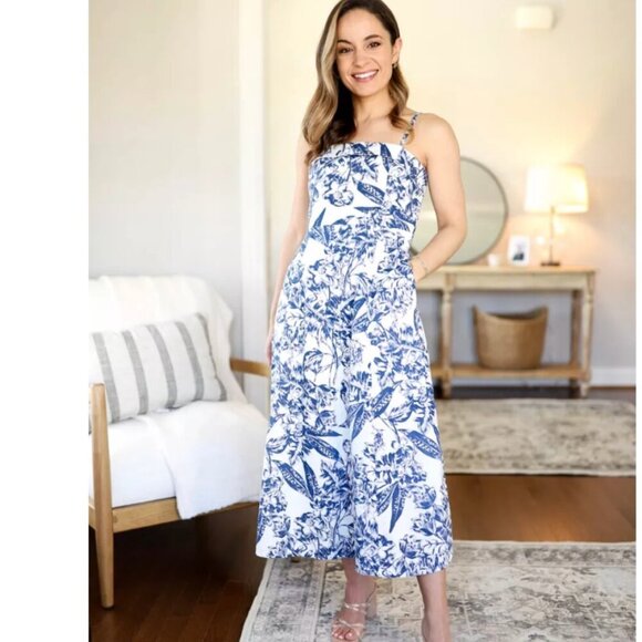 Abercrombie & Fitch Strapless Linen Blend Midi Dress in Blue Floral Size Large - Picture 3 of 10